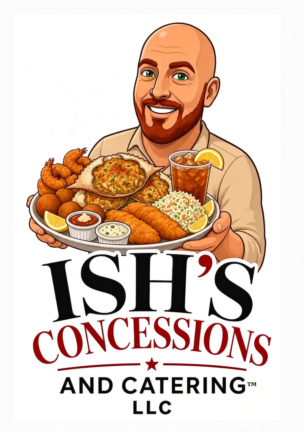 Ish's Concessions and Catering LLC logo: a smiling cook holding a platter of fried shrimp, hush puppies, crab cakes, fried fish, coleslaw, and sweet tea.