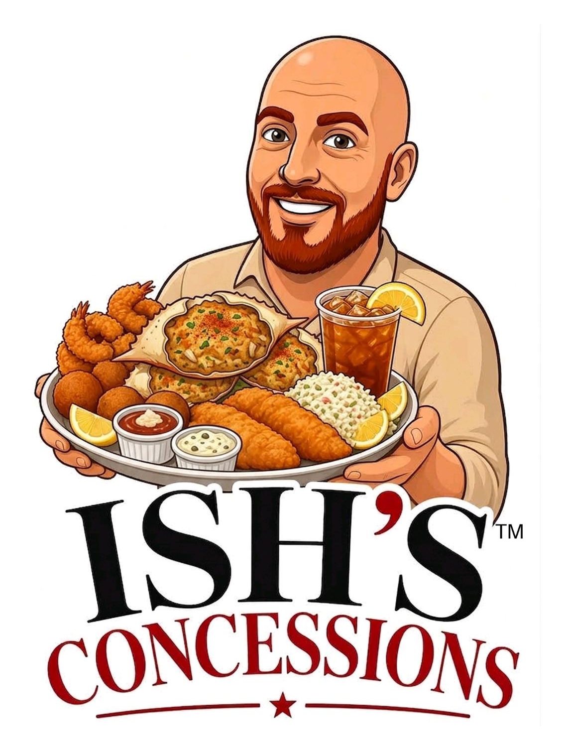 Ish's Concessions and Catering LLC logo: a smiling cook holding a platter of fried shrimp, hush puppies, crab cakes, fried fish, coleslaw, and sweet tea.